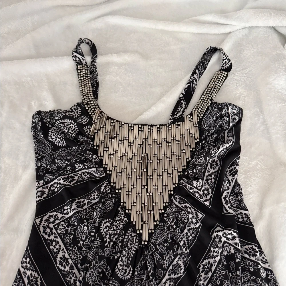 Venus Paisley Bandana Print Beaded Black White Sleeveless Dress XS - Picture 3 of 7